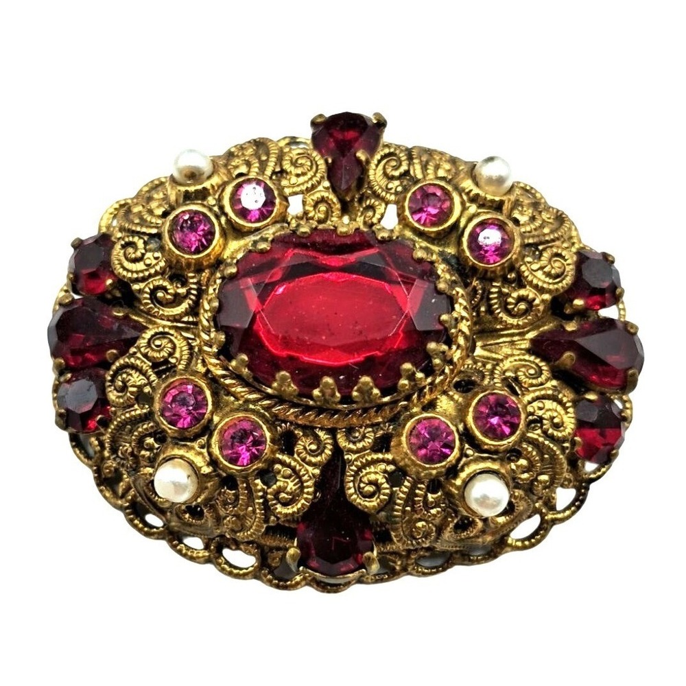 Vintage West Germany Brooch Red Pink Rhinestones Faux Pearls Signed Jewelry Vict